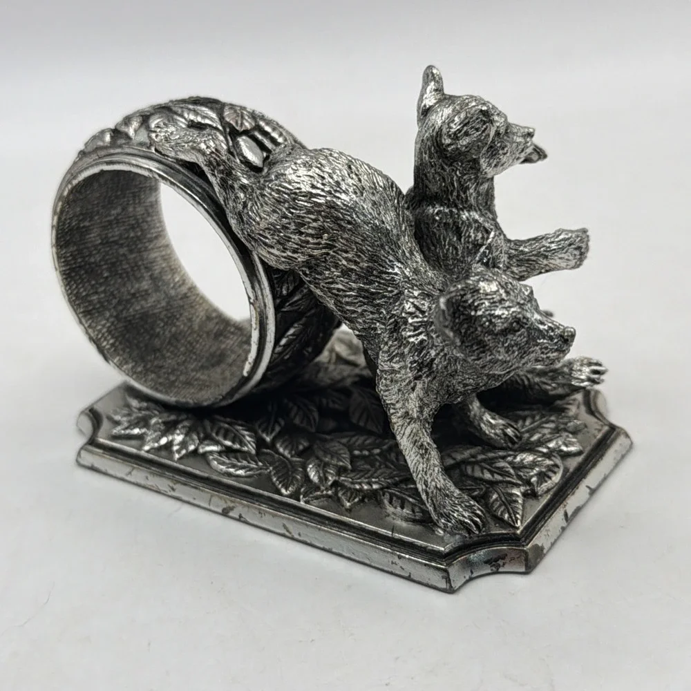 Franklin Mint Animals At Play Napkin Ring Silver Plate Bear Cubs Vintage 1977